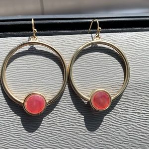 gold hoops with pink circle drop, dangle earrings